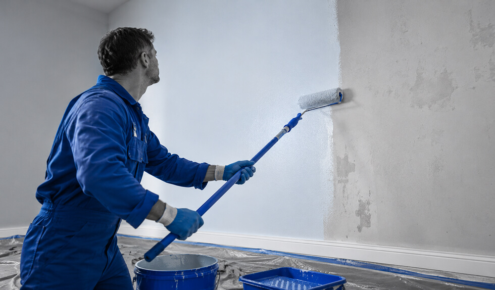 Maler Streicht Innenwand Mit Malerrolle