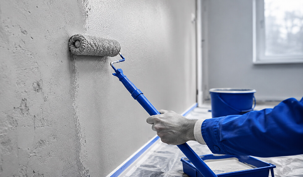 Maler Streicht Wand Mit Rolle Innen